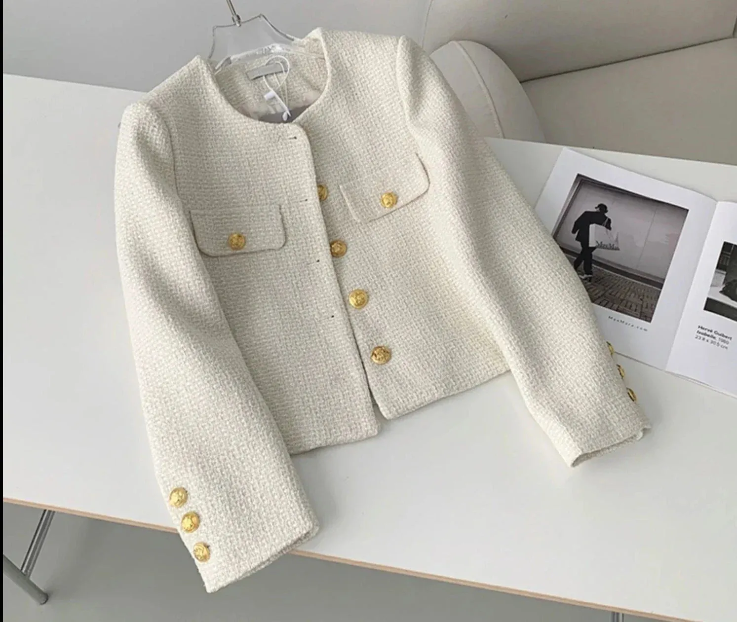 Jacket White Women's Tweed Jacket Green Tweed Jacket Black Short Coat Metal Single Breasted Cropped Top