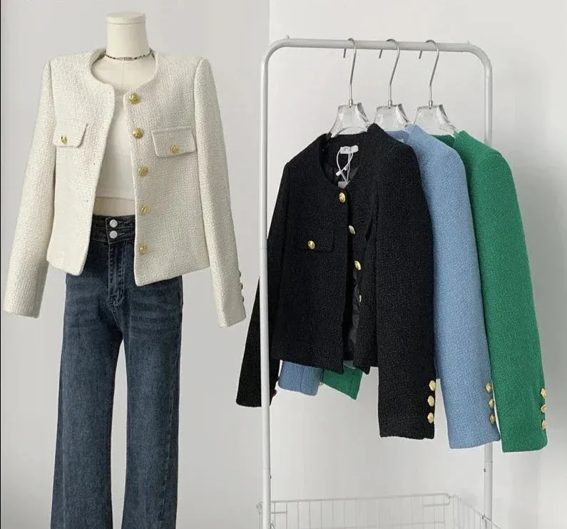 Jacket White Women's Tweed Jacket Green Tweed Jacket Black Short Coat Metal Single Breasted Cropped Top
