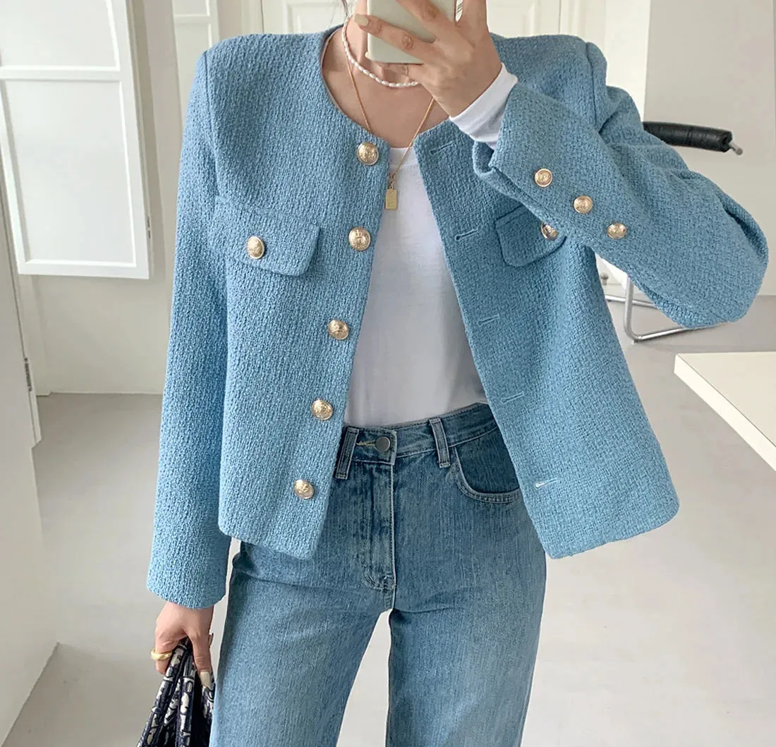 Jacket White Women's Tweed Jacket Green Tweed Jacket Black Short Coat Metal Single Breasted Cropped Top