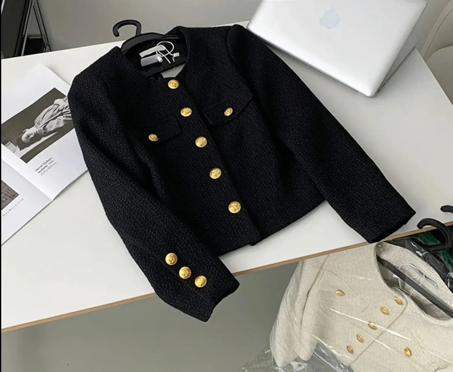 Jacket White Women's Tweed Jacket Green Tweed Jacket Black Short Coat Metal Single Breasted Cropped Top
