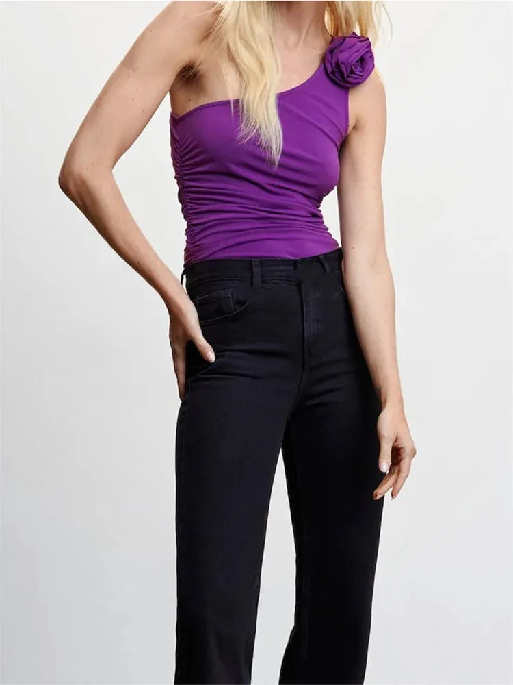JazzHer 2024 Flowers Tank for Women Irregular Neck Off Shoulder Ruched Mini Vest Y2K Summer Camis Streetwear  New Crop Tops
