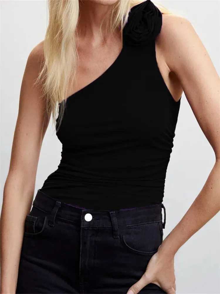 JazzHer 2024 Flowers Tank for Women Irregular Neck Off Shoulder Ruched Mini Vest Y2K Summer Camis Streetwear  New Crop Tops