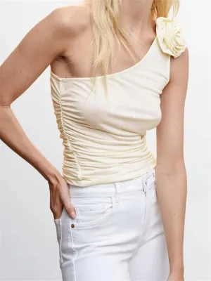 JazzHer 2024 Flowers Tank for Women Irregular Neck Off Shoulder Ruched Mini Vest Y2K Summer Camis Streetwear  New Crop Tops