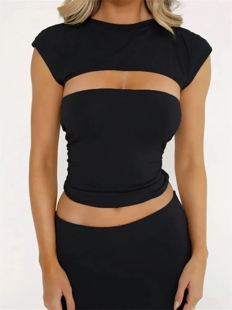 JazzHer 2024 Strapless Off Shoulder Tube Solid Color Sleeveless Slim Fit Cropped Mini Vest Streetwear  Tank Crop Tops