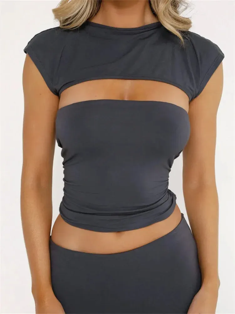 JazzHer 2024 Strapless Off Shoulder Tube Solid Color Sleeveless Slim Fit Cropped Mini Vest Streetwear  Tank Crop Tops