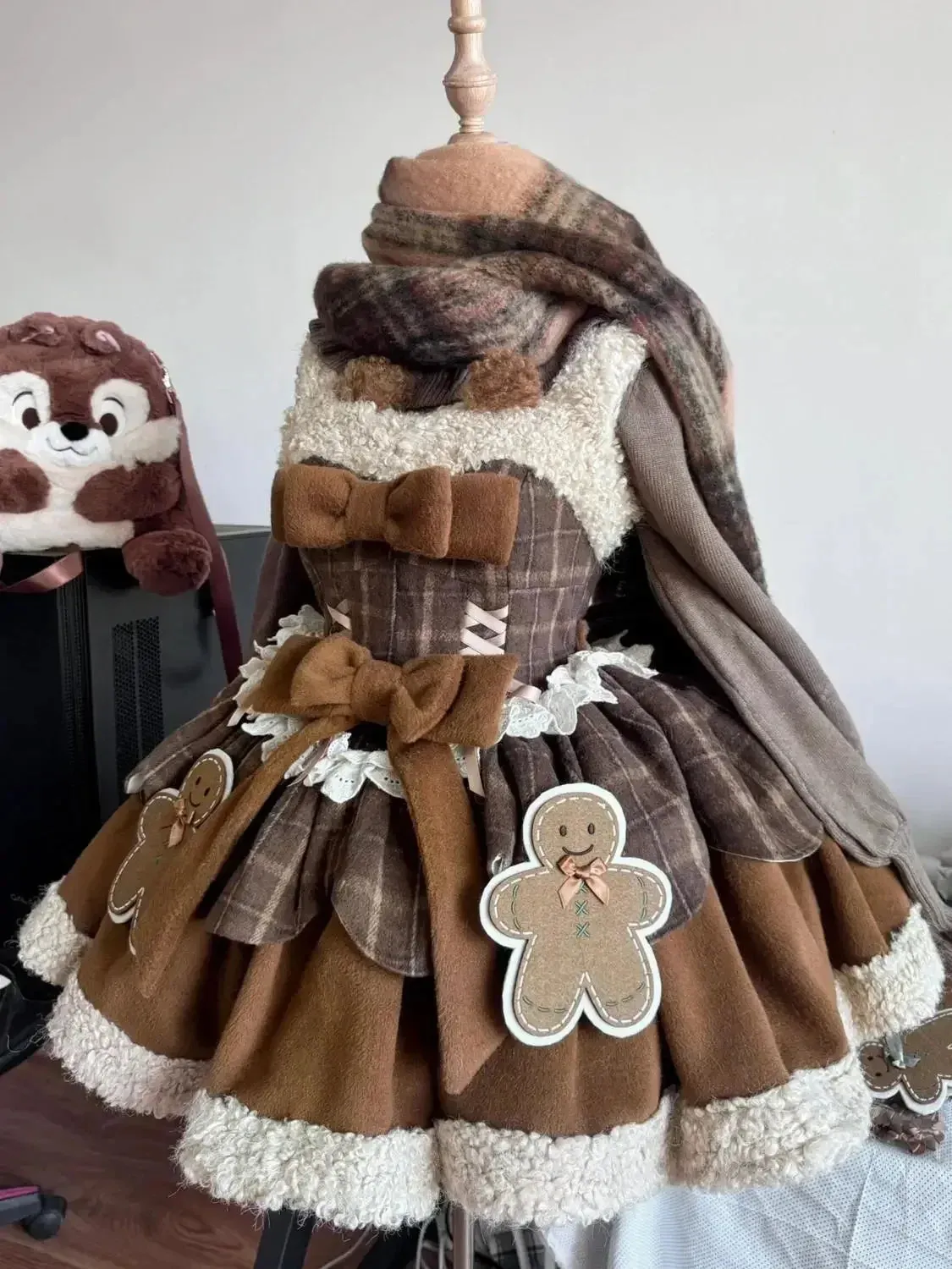 JazzHer Christmas Sweet Lolita Brown 2 Piece Sets Woman Harajuku Cape Coats   Cute Bow Dress Kawaii Warm Vintage Suit Winter Y2k Outfits