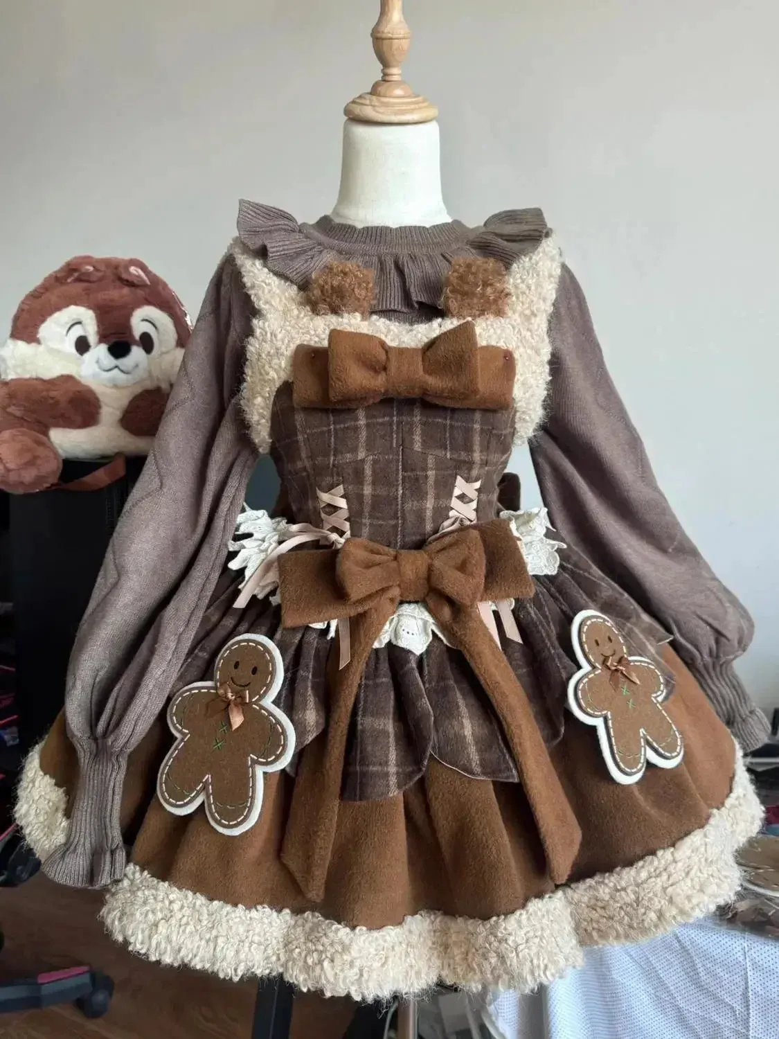 JazzHer Christmas Sweet Lolita Brown 2 Piece Sets Woman Harajuku Cape Coats   Cute Bow Dress Kawaii Warm Vintage Suit Winter Y2k Outfits