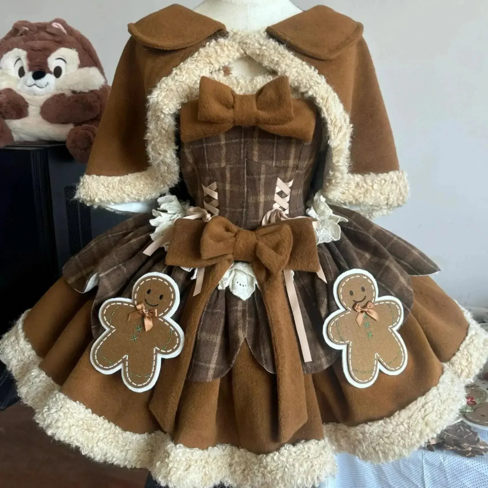 JazzHer Christmas Sweet Lolita Brown 2 Piece Sets Woman Harajuku Cape Coats   Cute Bow Dress Kawaii Warm Vintage Suit Winter Y2k Outfits