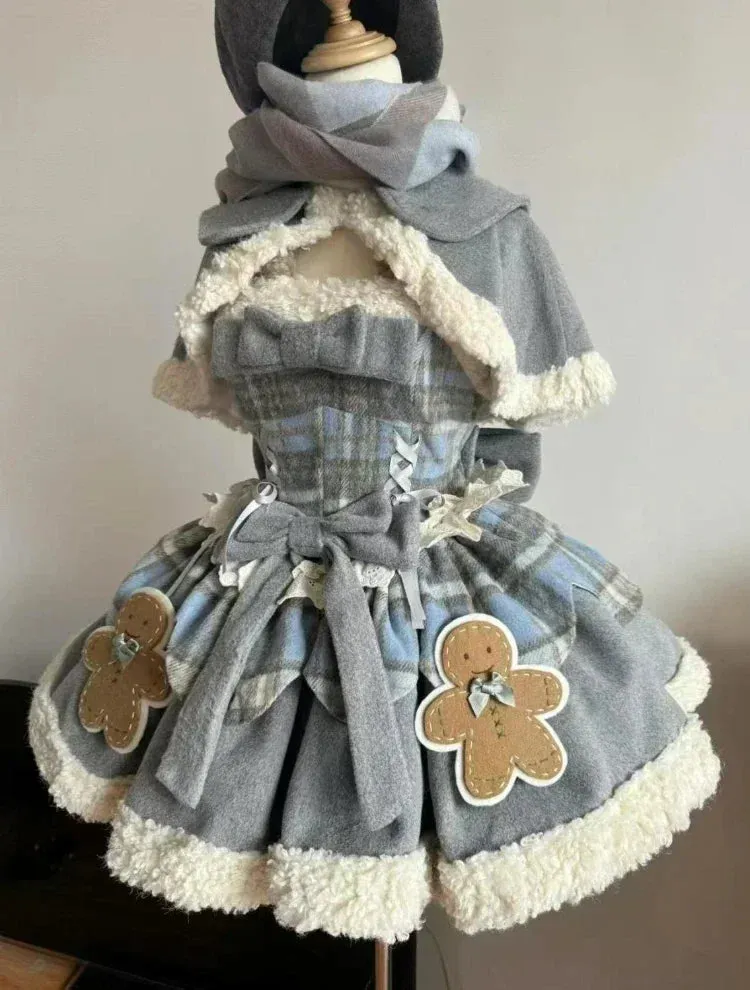 JazzHer Christmas Sweet Lolita Brown 2 Piece Sets Woman Harajuku Cape Coats   Cute Bow Dress Kawaii Warm Vintage Suit Winter Y2k Outfits