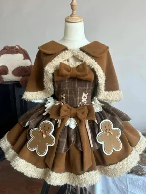 JazzHer Christmas Sweet Lolita Brown 2 Piece Sets Woman Harajuku Cape Coats   Cute Bow Dress Kawaii Warm Vintage Suit Winter Y2k Outfits