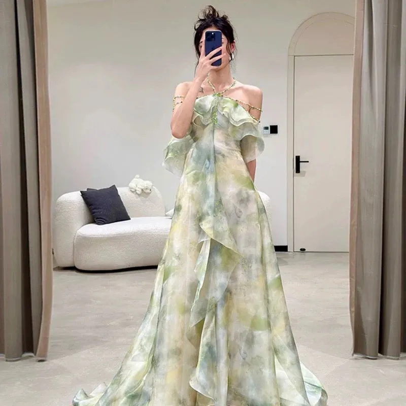 JazzHer Elegant A Line Halter Chiffon Ombre Green Long Prom Dresses Evening Party Dress C(PRE-ORDER)