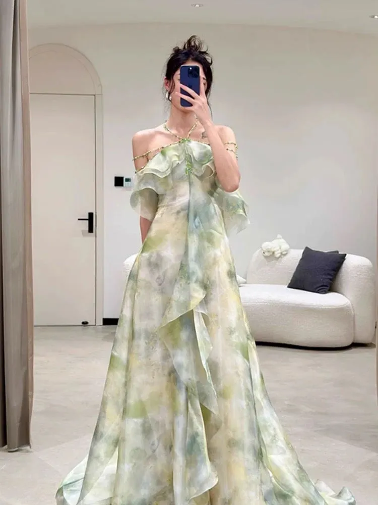 JazzHer Elegant A Line Halter Chiffon Ombre Green Long Prom Dresses Evening Party Dress C(PRE-ORDER)