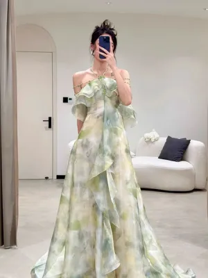 JazzHer Elegant A Line Halter Chiffon Ombre Green Long Prom Dresses Evening Party Dress C(PRE-ORDER)