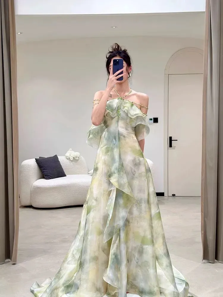 JazzHer Elegant A Line Halter Chiffon Ombre Green Long Prom Dresses Evening Party Dress C(PRE-ORDER)