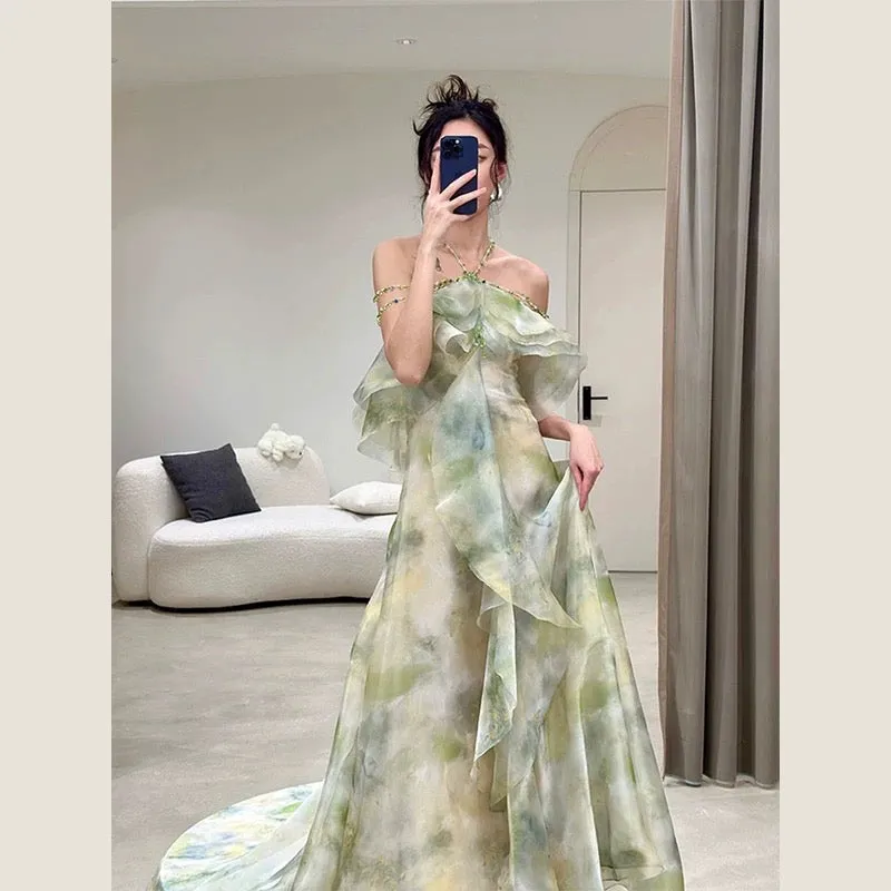 JazzHer Elegant A Line Halter Chiffon Ombre Green Long Prom Dresses Evening Party Dress C(PRE-ORDER)