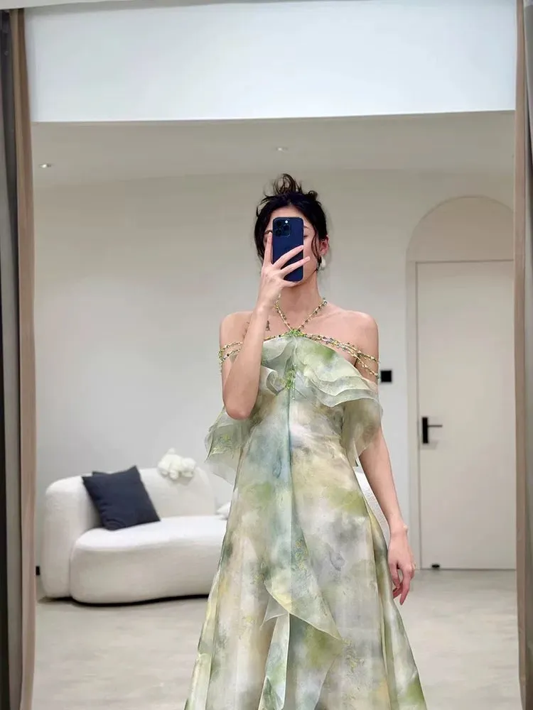 JazzHer Elegant A Line Halter Chiffon Ombre Green Long Prom Dresses Evening Party Dress C(PRE-ORDER)