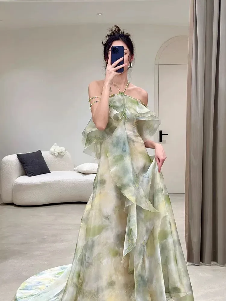 JazzHer Elegant A Line Halter Chiffon Ombre Green Long Prom Dresses Evening Party Dress C(PRE-ORDER)