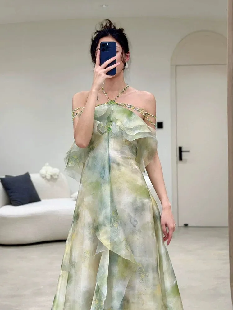 JazzHer Elegant A Line Halter Chiffon Ombre Green Long Prom Dresses Evening Party Dress C(PRE-ORDER)