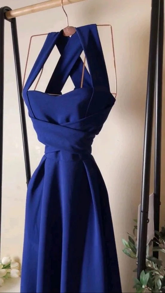 JazzHer Elegant A Line Halter Royal Blue Satin Prom Dress Evening Dresses With Ruffles (PRE-ORDER)