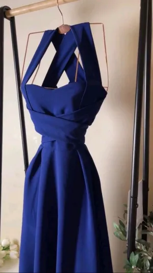 JazzHer Elegant A Line Halter Royal Blue Satin Prom Dress Evening Dresses With Ruffles (PRE-ORDER)