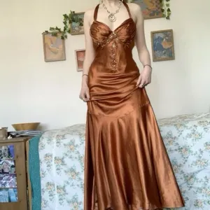 JazzHer Pretty Mermaid Halter Sleeveless Brown Long Prom Dresses Evening Dress With Beads (PRE-ORDER)