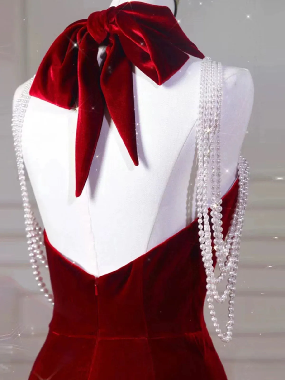 JazzHer Sexy Mermaid Halter Red Velvet Long Prom Dresses Evening Dress (PRE-ORDER)