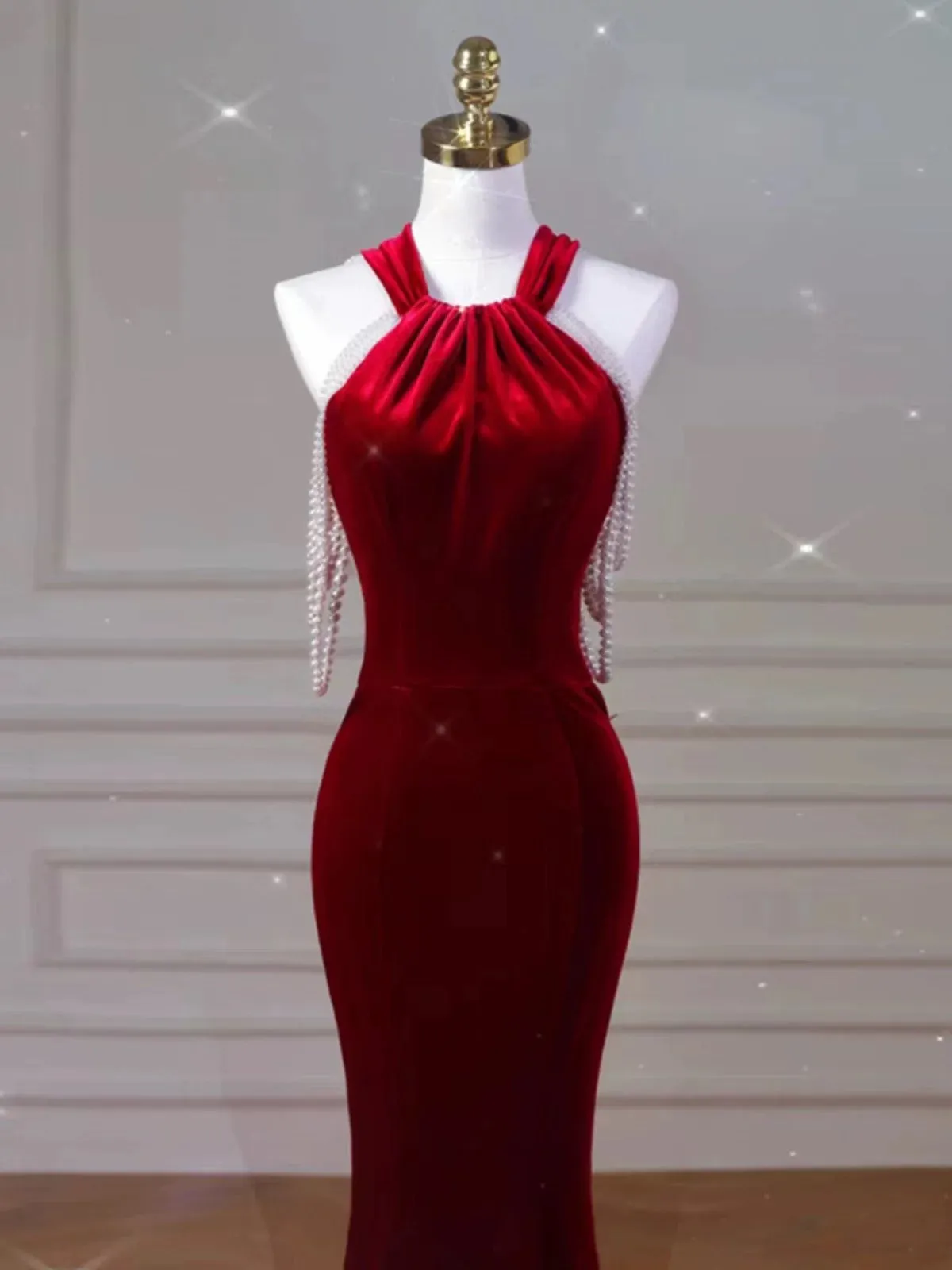 JazzHer Sexy Mermaid Halter Red Velvet Long Prom Dresses Evening Dress (PRE-ORDER)