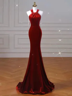 JazzHer Sexy Mermaid Halter Red Velvet Long Prom Dresses Evening Dress (PRE-ORDER)