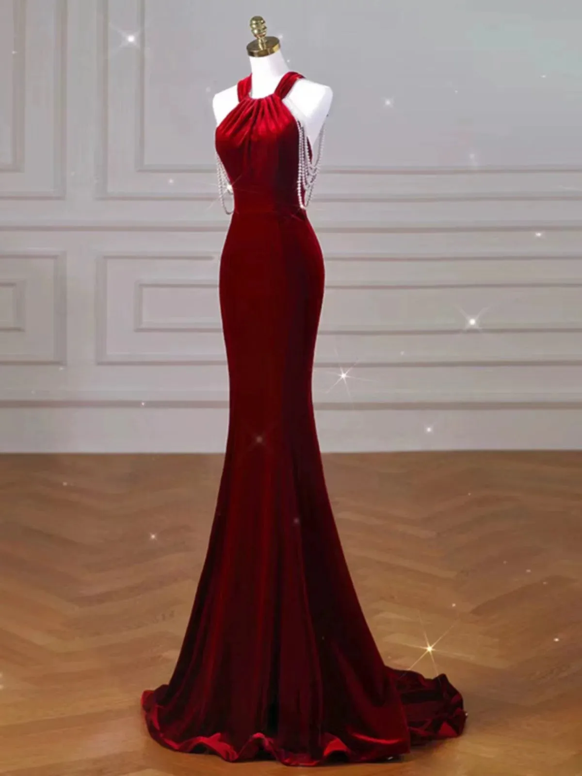 JazzHer Sexy Mermaid Halter Red Velvet Long Prom Dresses Evening Dress (PRE-ORDER)