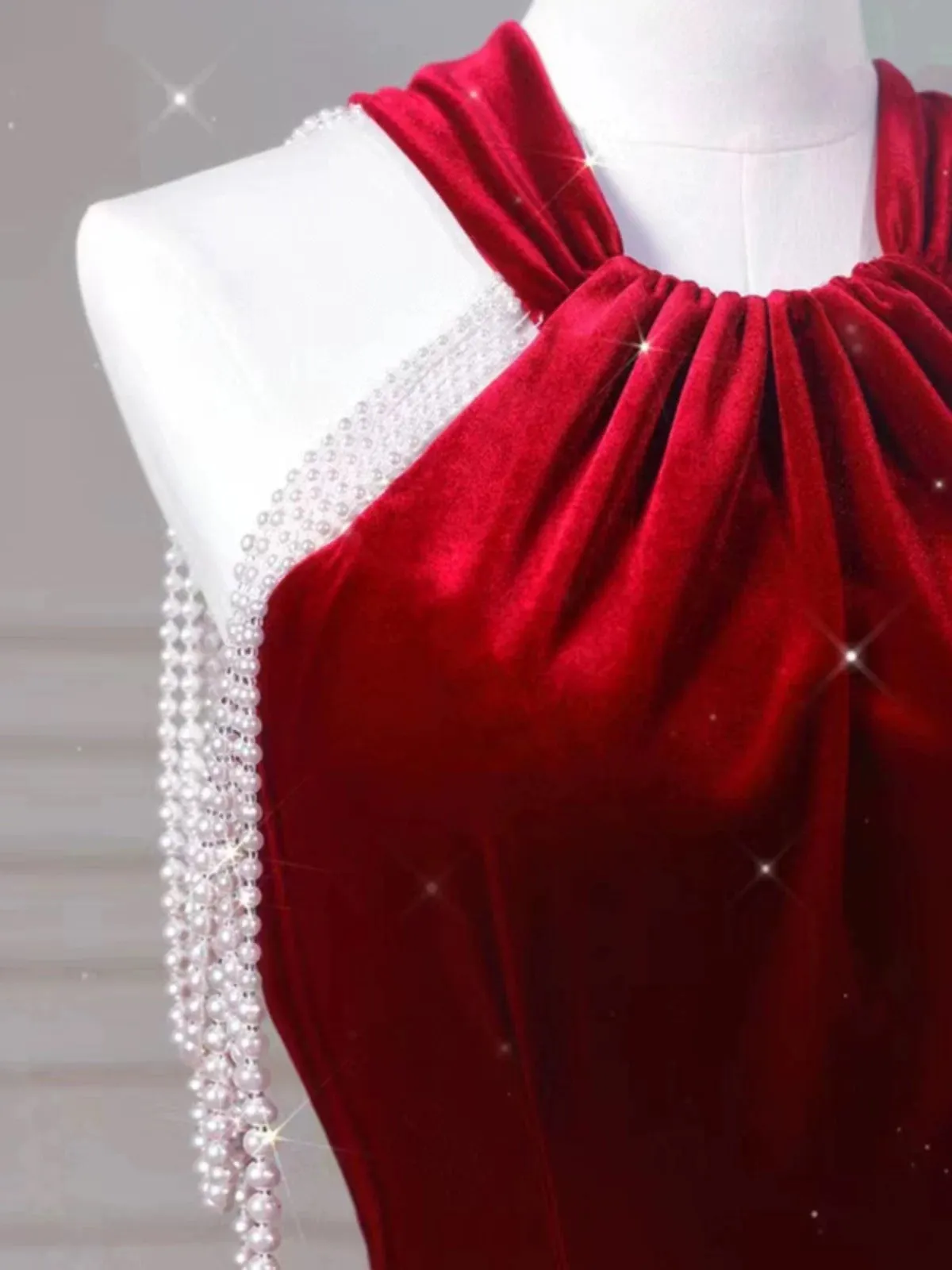 JazzHer Sexy Mermaid Halter Red Velvet Long Prom Dresses Evening Dress (PRE-ORDER)
