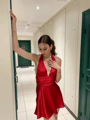 JazzHer Simple A Line Halter Satin Short Red Homecoming Dresses st Birthday Outfit (PRE-ORDER)