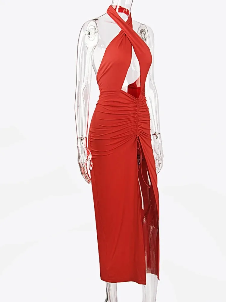 JillPeri Front Cross Halter Backless Maxi Dress With Irregular Hollow Out Waist