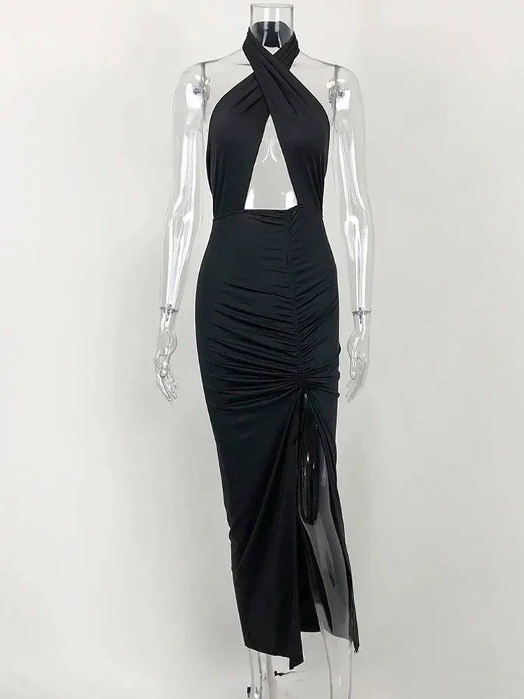 JillPeri Front Cross Halter Backless Maxi Dress With Irregular Hollow Out Waist