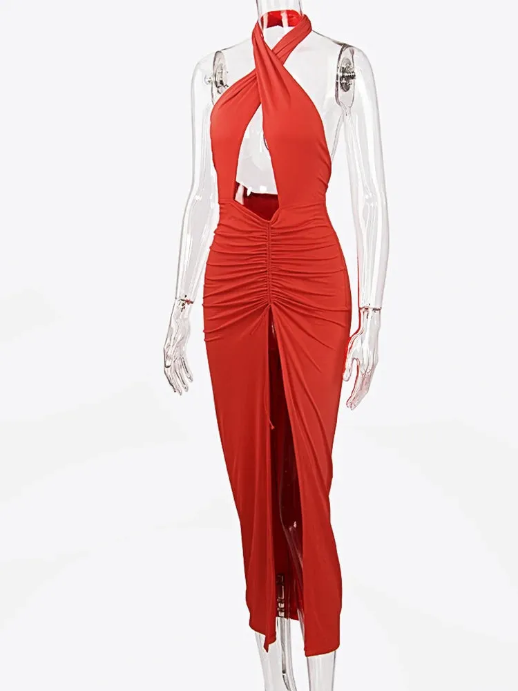 JillPeri Front Cross Halter Backless Maxi Dress With Irregular Hollow Out Waist
