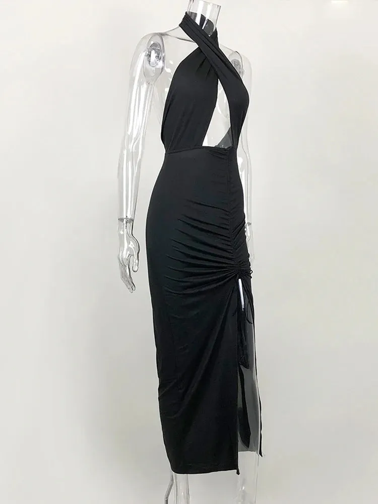 JillPeri Front Cross Halter Backless Maxi Dress With Irregular Hollow Out Waist