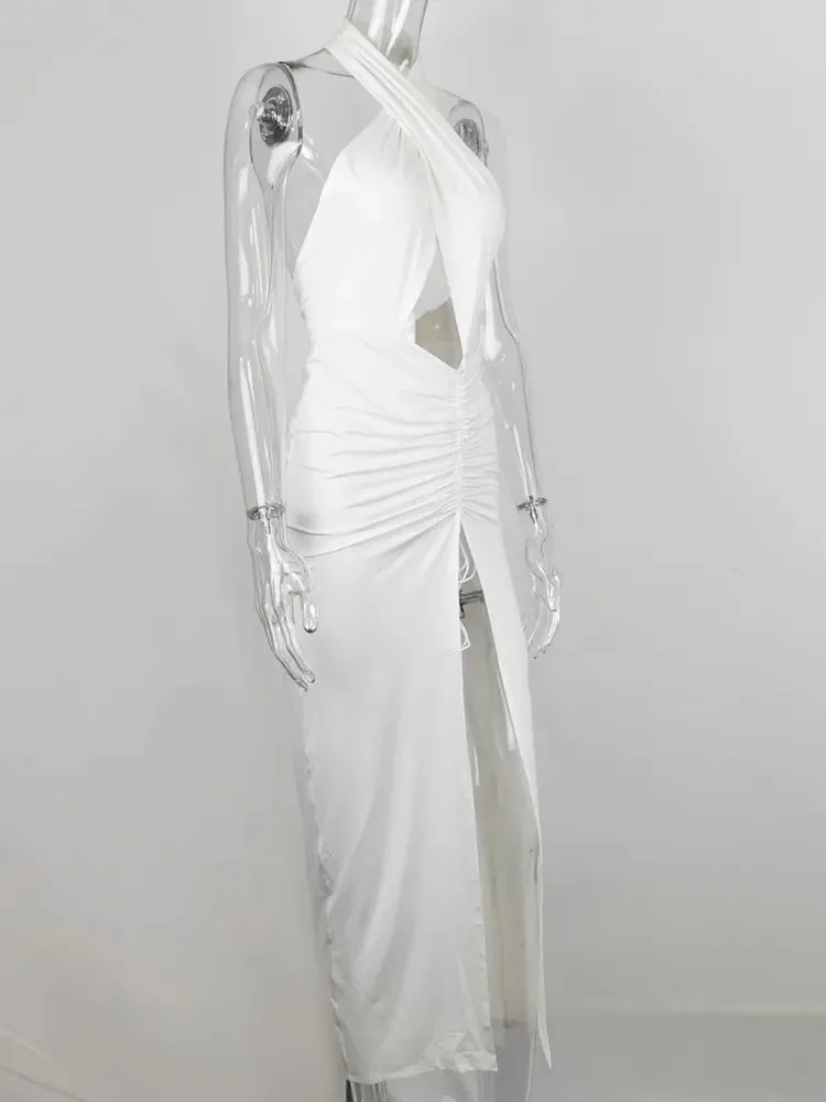 JillPeri Front Cross Halter Backless Maxi Dress With Irregular Hollow Out Waist