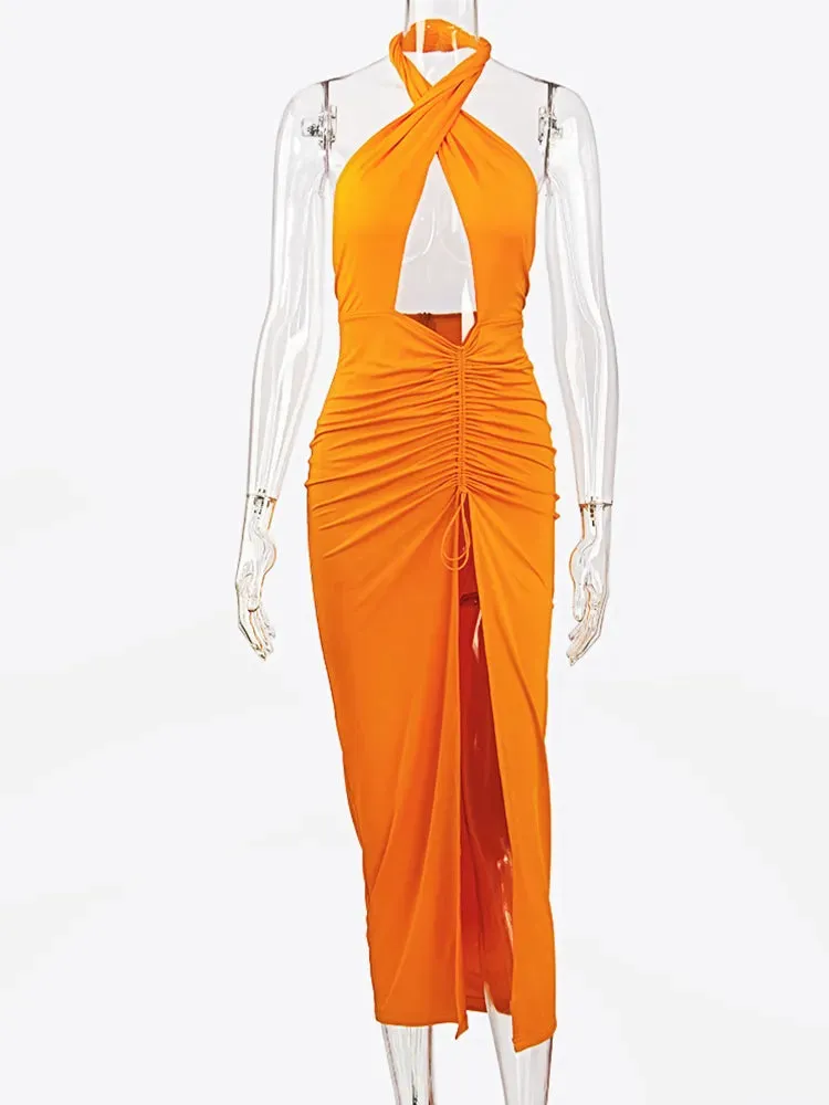 JillPeri Front Cross Halter Backless Maxi Dress With Irregular Hollow Out Waist