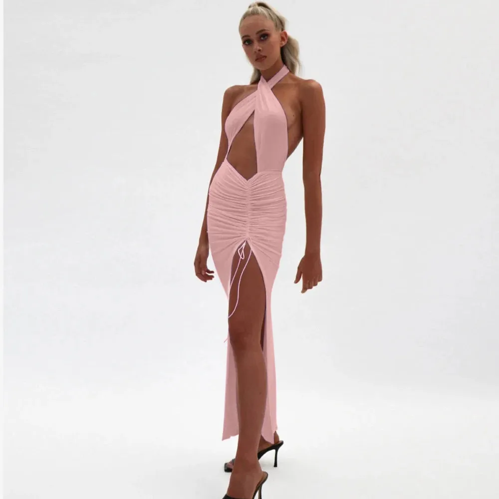 JillPeri Front Cross Halter Backless Maxi Dress With Irregular Hollow Out Waist