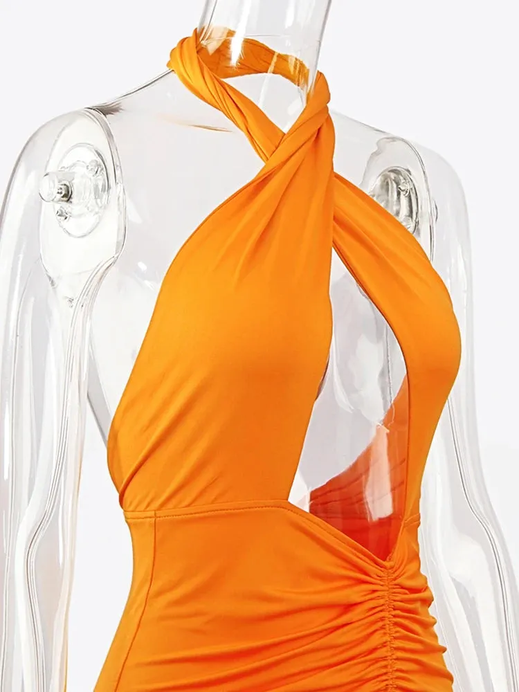 JillPeri Front Cross Halter Backless Maxi Dress With Irregular Hollow Out Waist