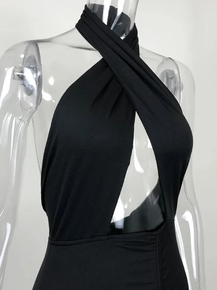 JillPeri Front Cross Halter Backless Maxi Dress With Irregular Hollow Out Waist