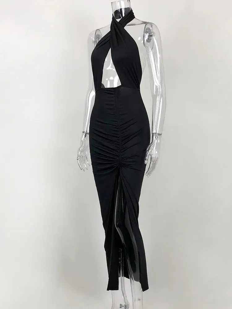 JillPeri Front Cross Halter Backless Maxi Dress With Irregular Hollow Out Waist