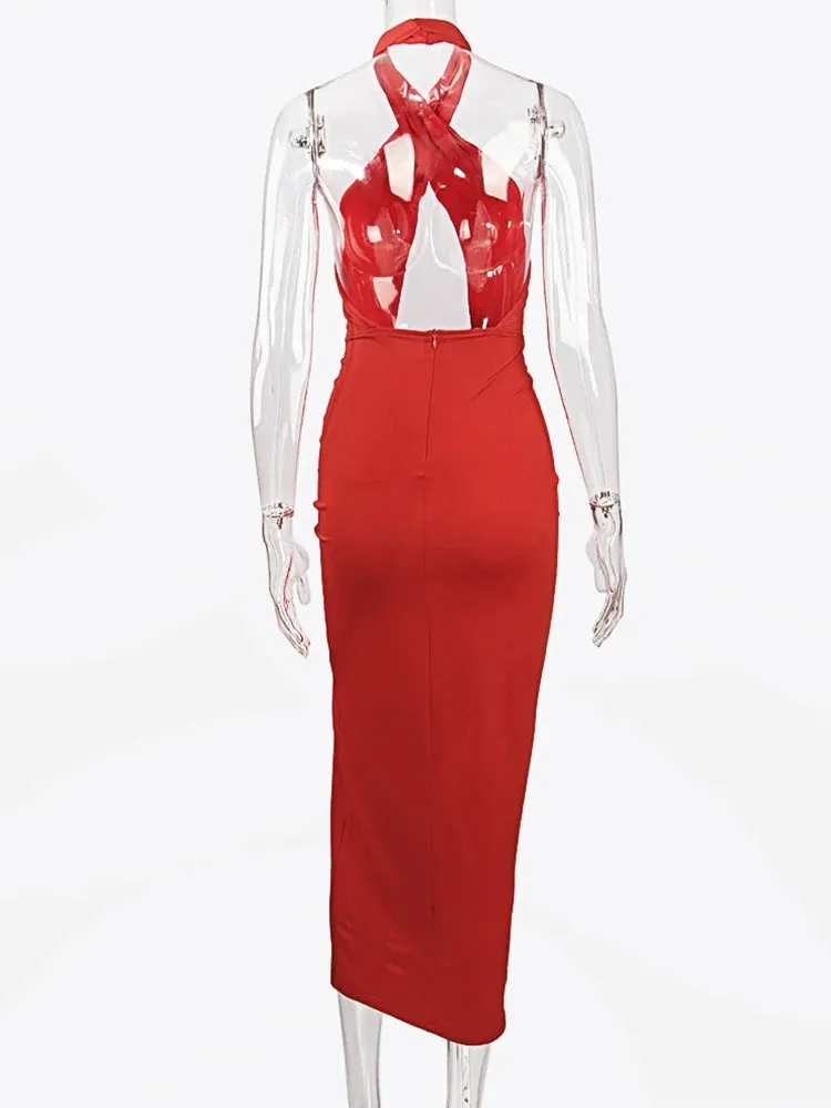 JillPeri Front Cross Halter Backless Maxi Dress With Irregular Hollow Out Waist