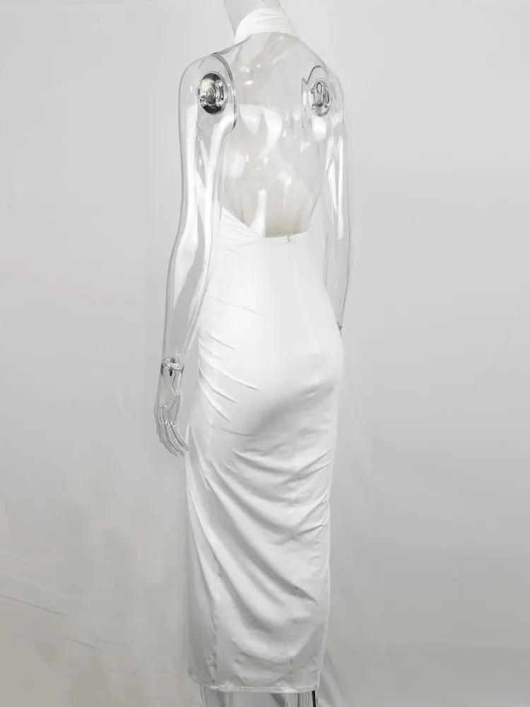 JillPeri Front Cross Halter Backless Maxi Dress With Irregular Hollow Out Waist