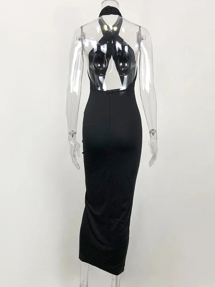 JillPeri Front Cross Halter Backless Maxi Dress With Irregular Hollow Out Waist