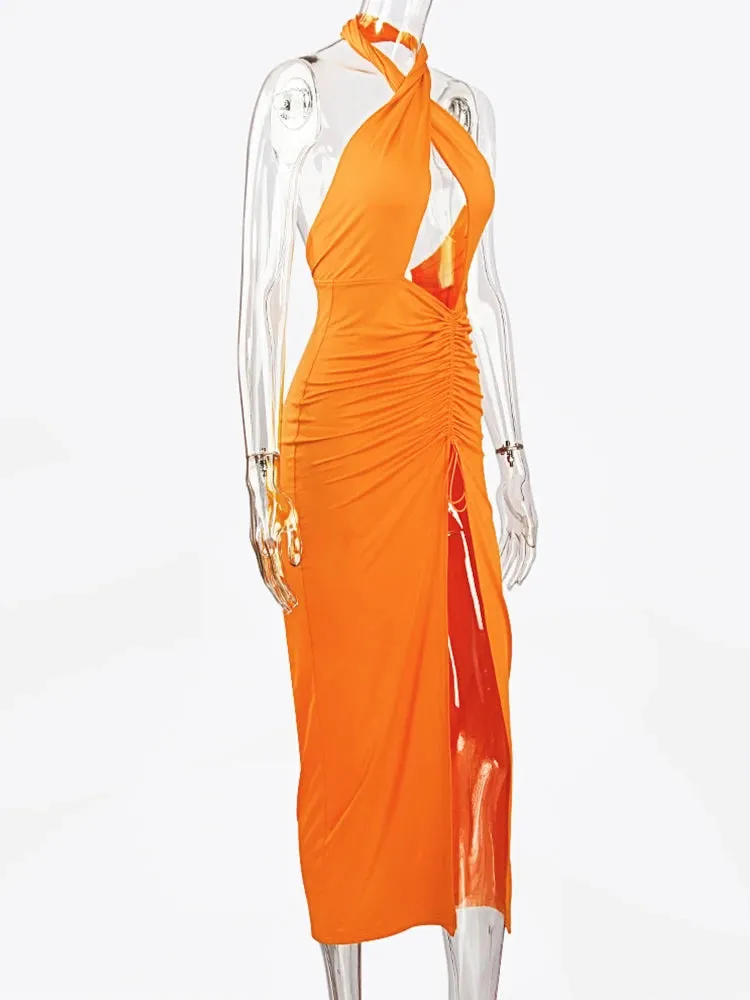 JillPeri Front Cross Halter Backless Maxi Dress With Irregular Hollow Out Waist