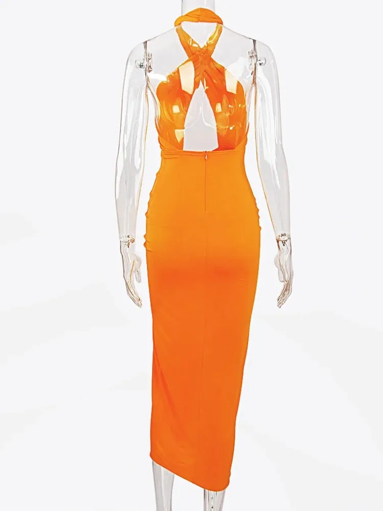 JillPeri Front Cross Halter Backless Maxi Dress With Irregular Hollow Out Waist