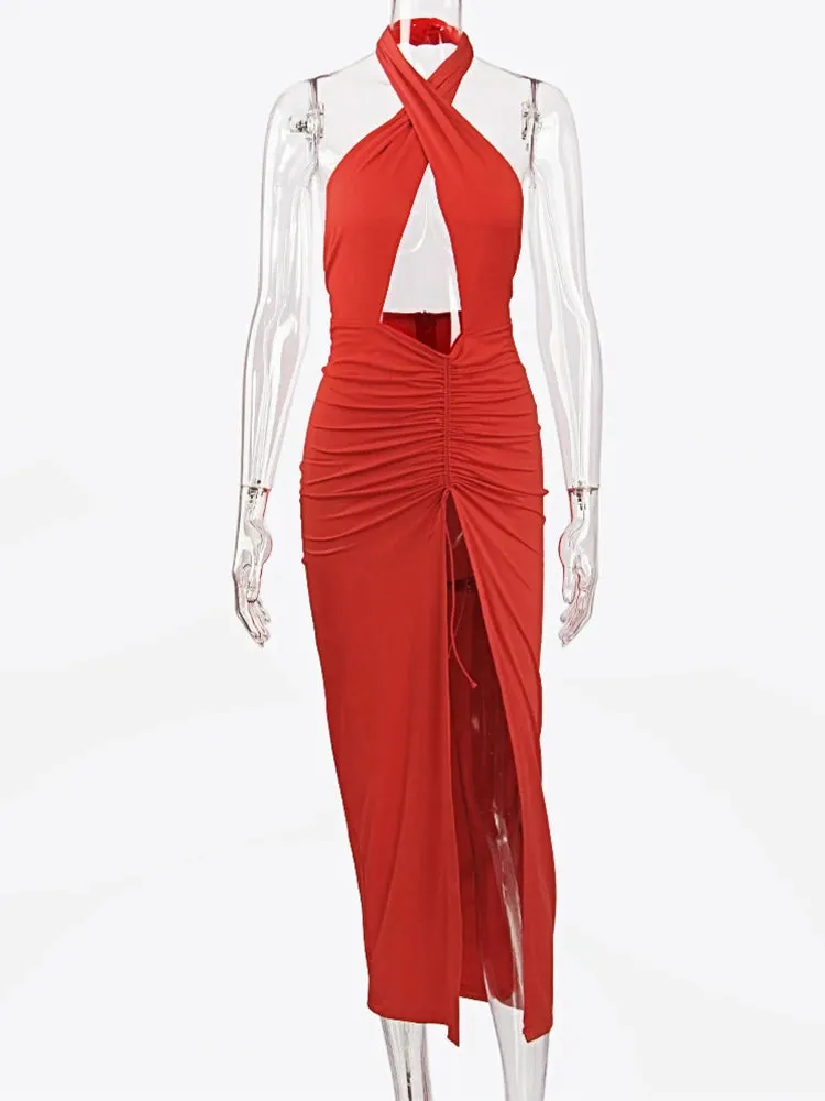 JillPeri Front Cross Halter Backless Maxi Dress With Irregular Hollow Out Waist
