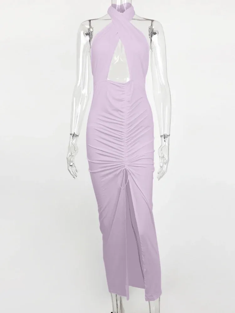 JillPeri Front Cross Halter Backless Maxi Dress With Irregular Hollow Out Waist