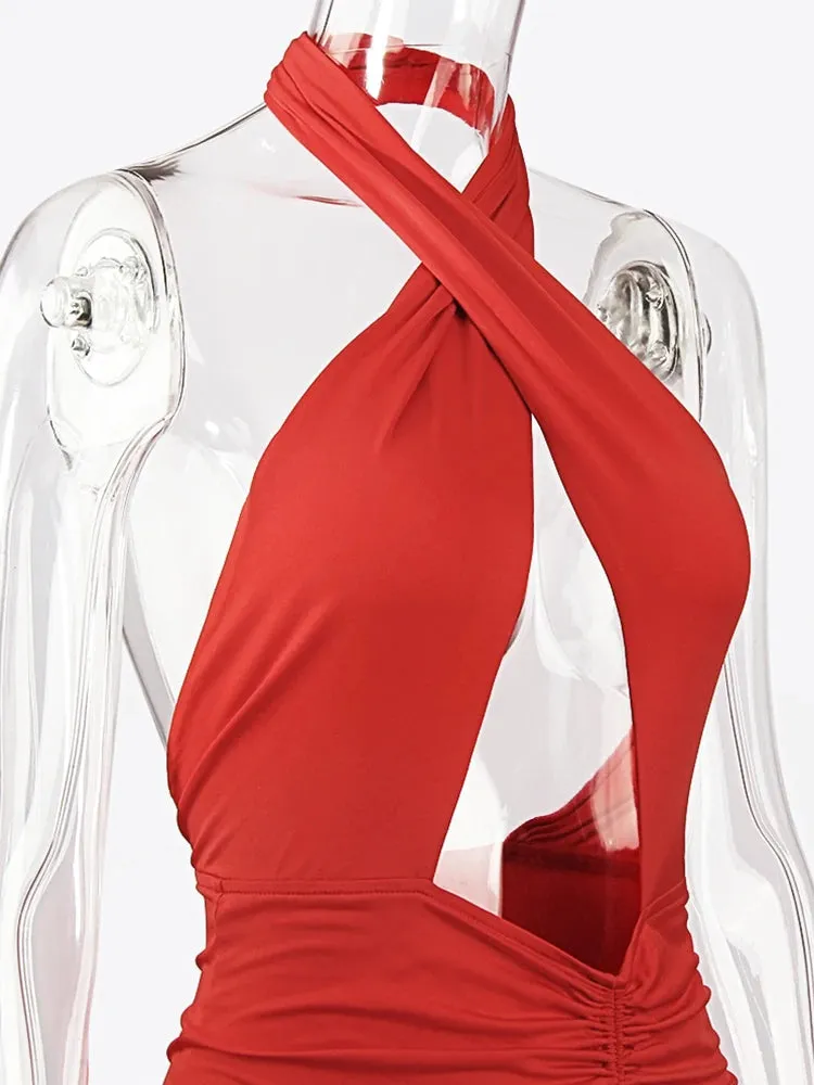 JillPeri Front Cross Halter Backless Maxi Dress With Irregular Hollow Out Waist