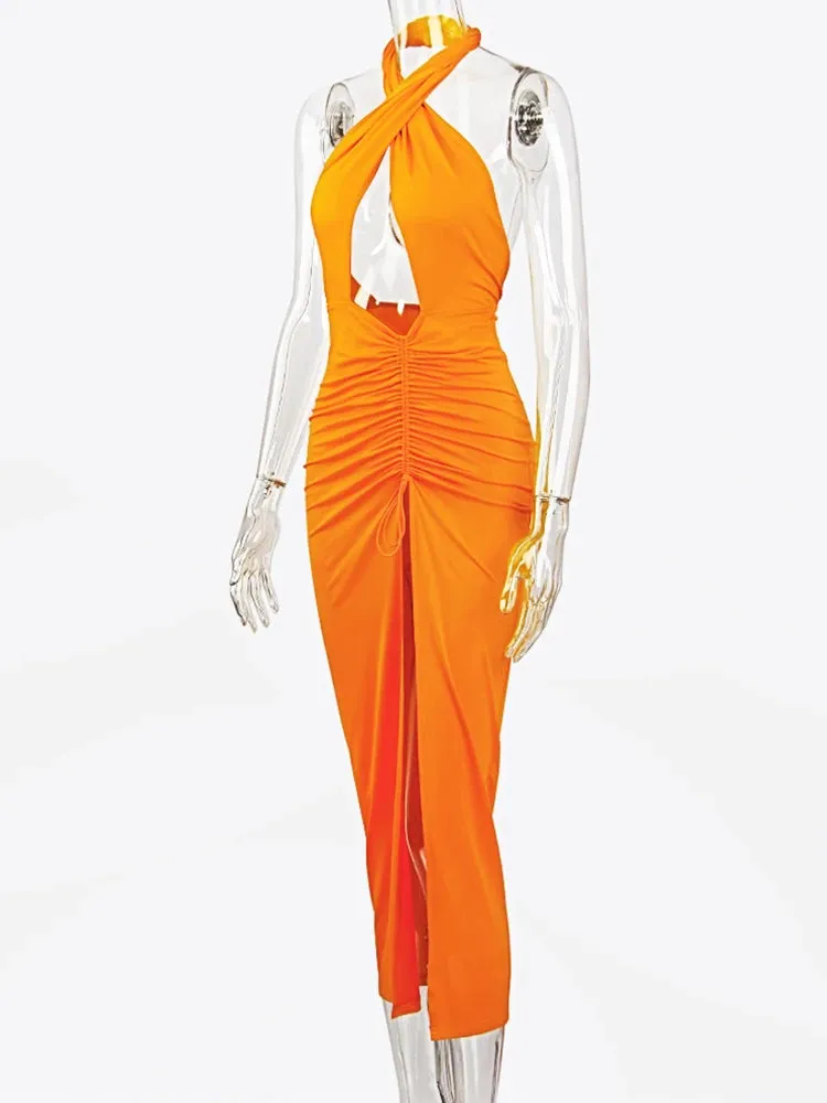 JillPeri Front Cross Halter Backless Maxi Dress With Irregular Hollow Out Waist